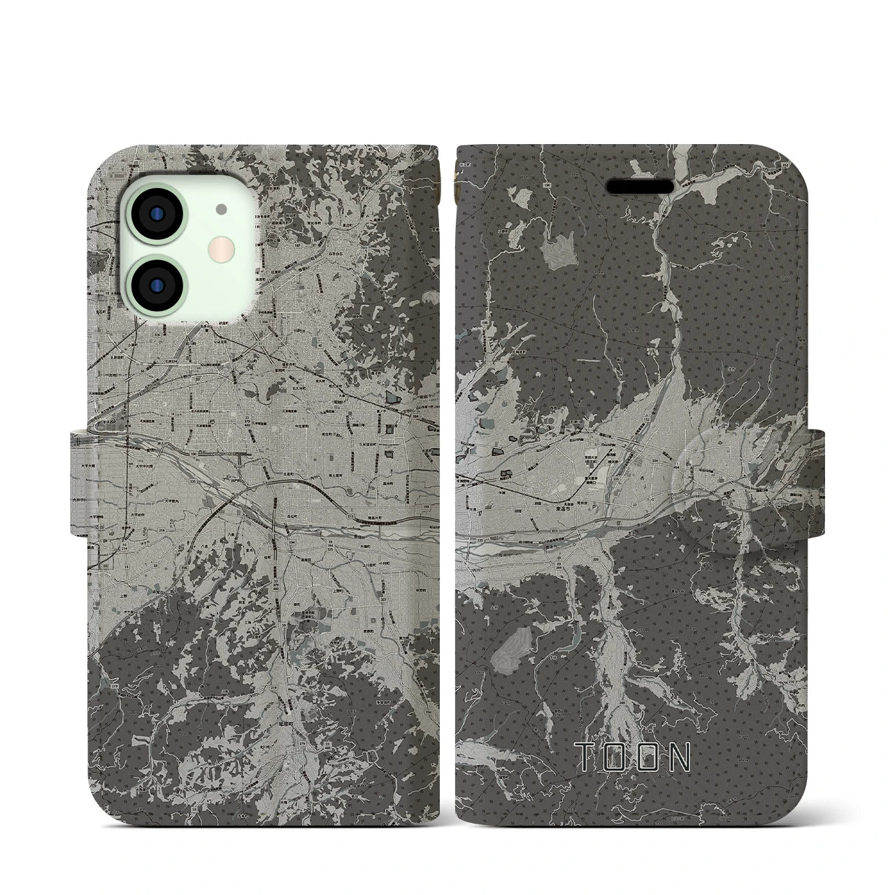 【東温(愛媛県)】地図柄iPhoneケース(手帳タイプ)モノトーン・iPhone 12 mini 用