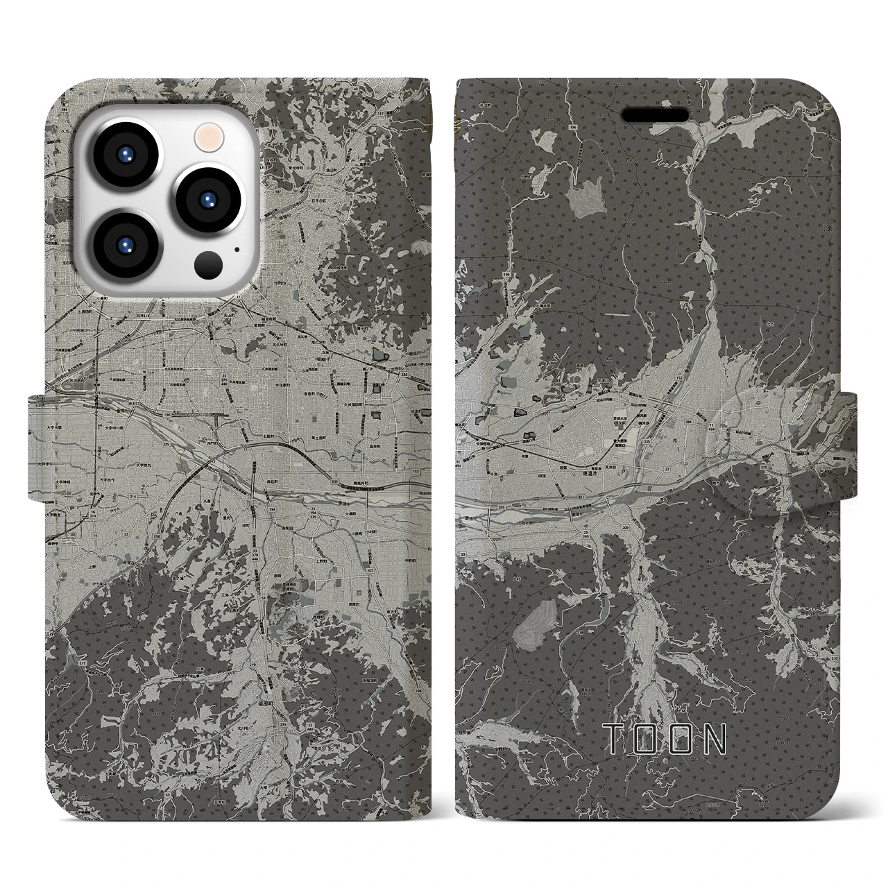 【東温(愛媛県)】地図柄iPhoneケース(手帳タイプ)モノトーン・iPhone 13 Pro 用