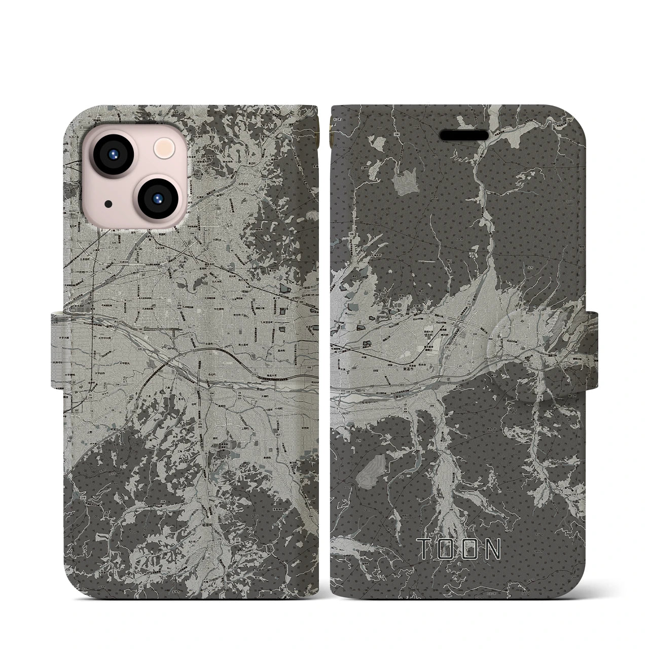 【東温(愛媛県)】地図柄iPhoneケース(手帳タイプ)モノトーン・iPhone 13 mini 用