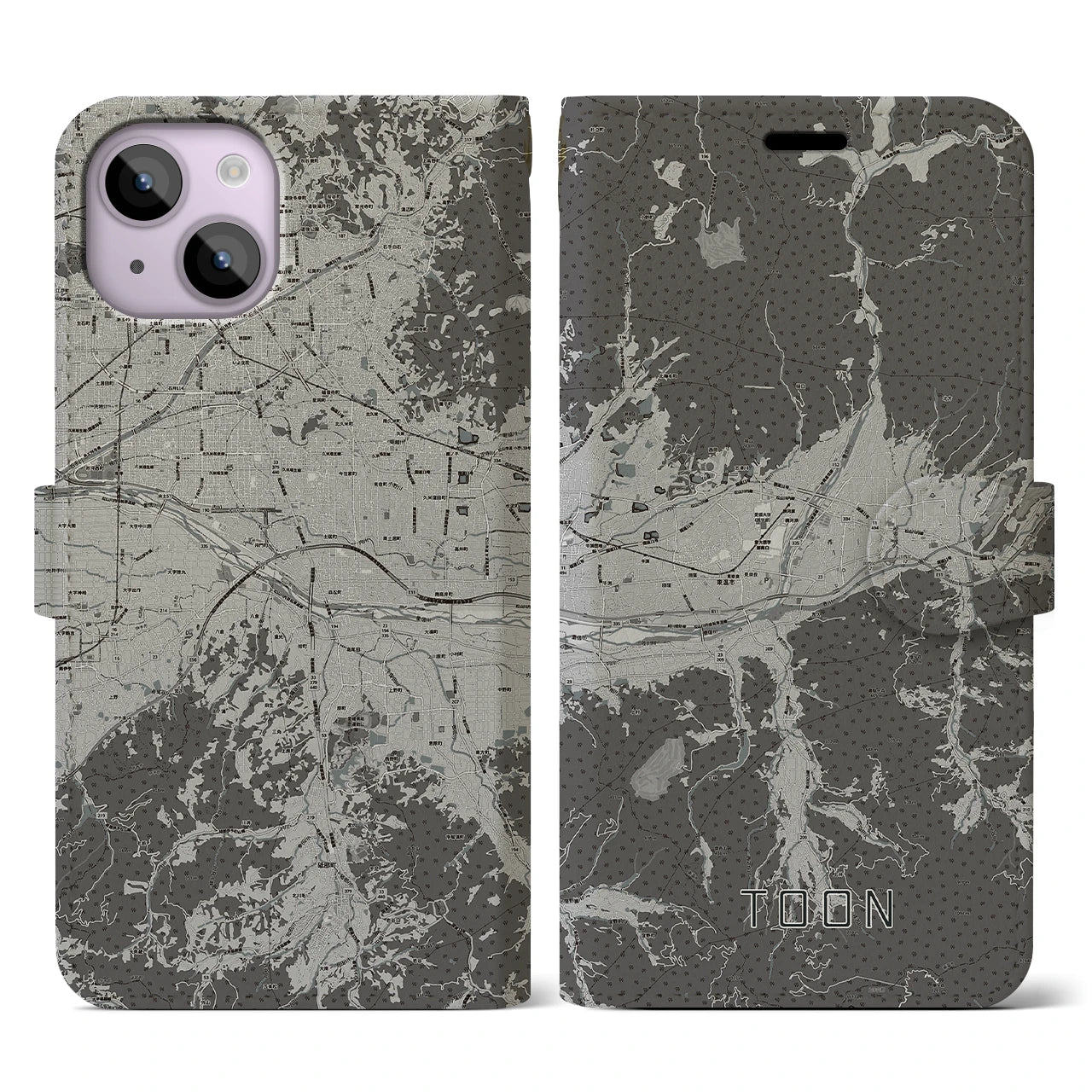 【東温(愛媛県)】地図柄iPhoneケース(手帳タイプ)モノトーン・iPhone 14 用