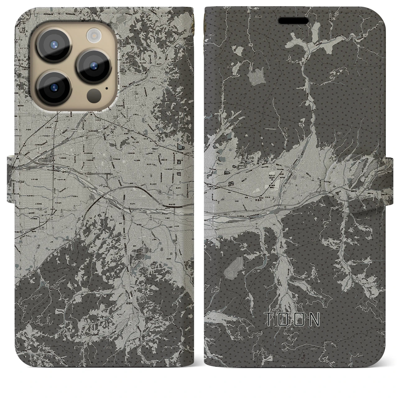 【東温(愛媛県)】地図柄iPhoneケース(手帳タイプ)モノトーン・iPhone 14 Pro Max 用