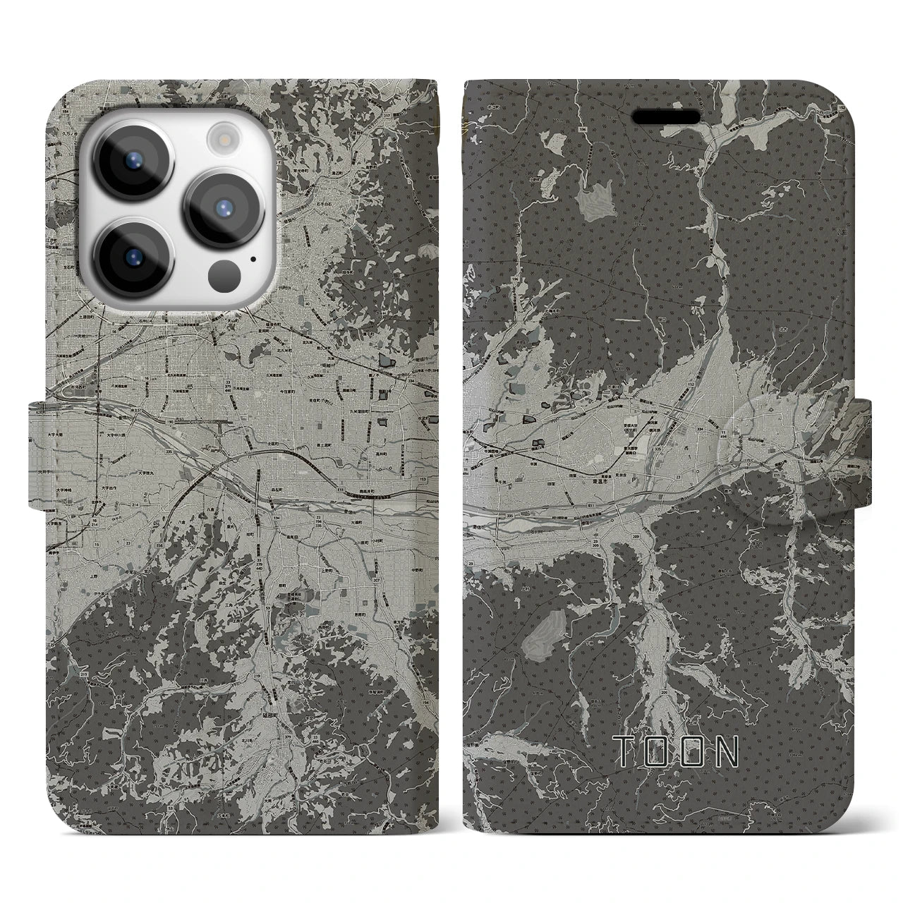 【東温(愛媛県)】地図柄iPhoneケース(手帳タイプ)モノトーン・iPhone 14 Pro 用