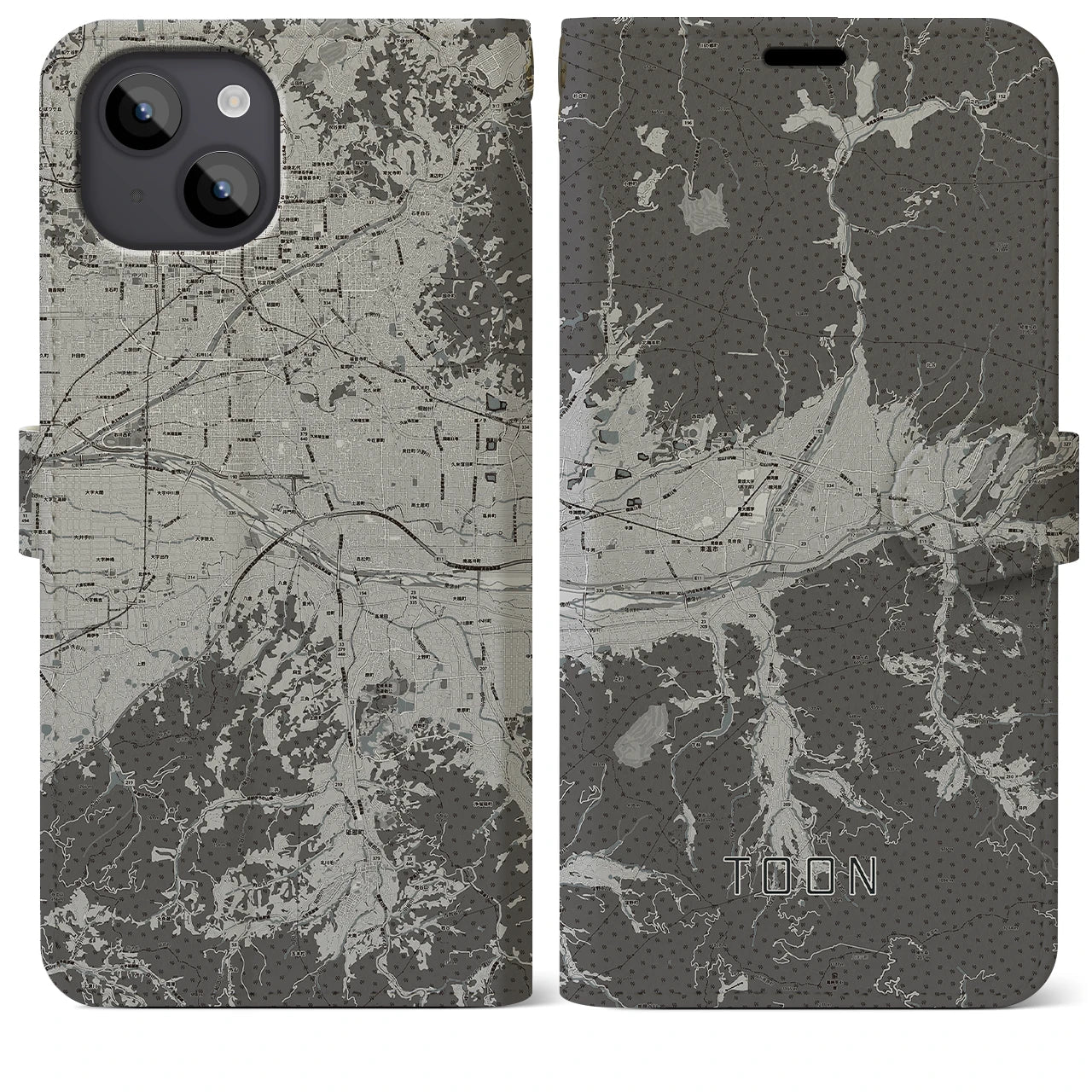 【東温(愛媛県)】地図柄iPhoneケース(手帳タイプ)モノトーン・iPhone 14 Plus 用