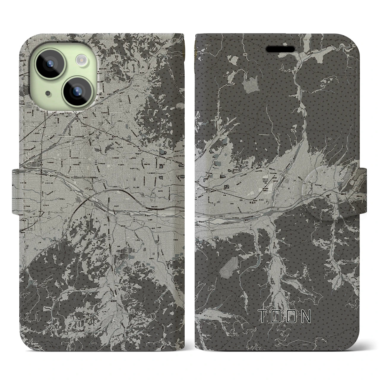 【東温(愛媛県)】地図柄iPhoneケース(手帳タイプ)モノトーン・iPhone 15 用