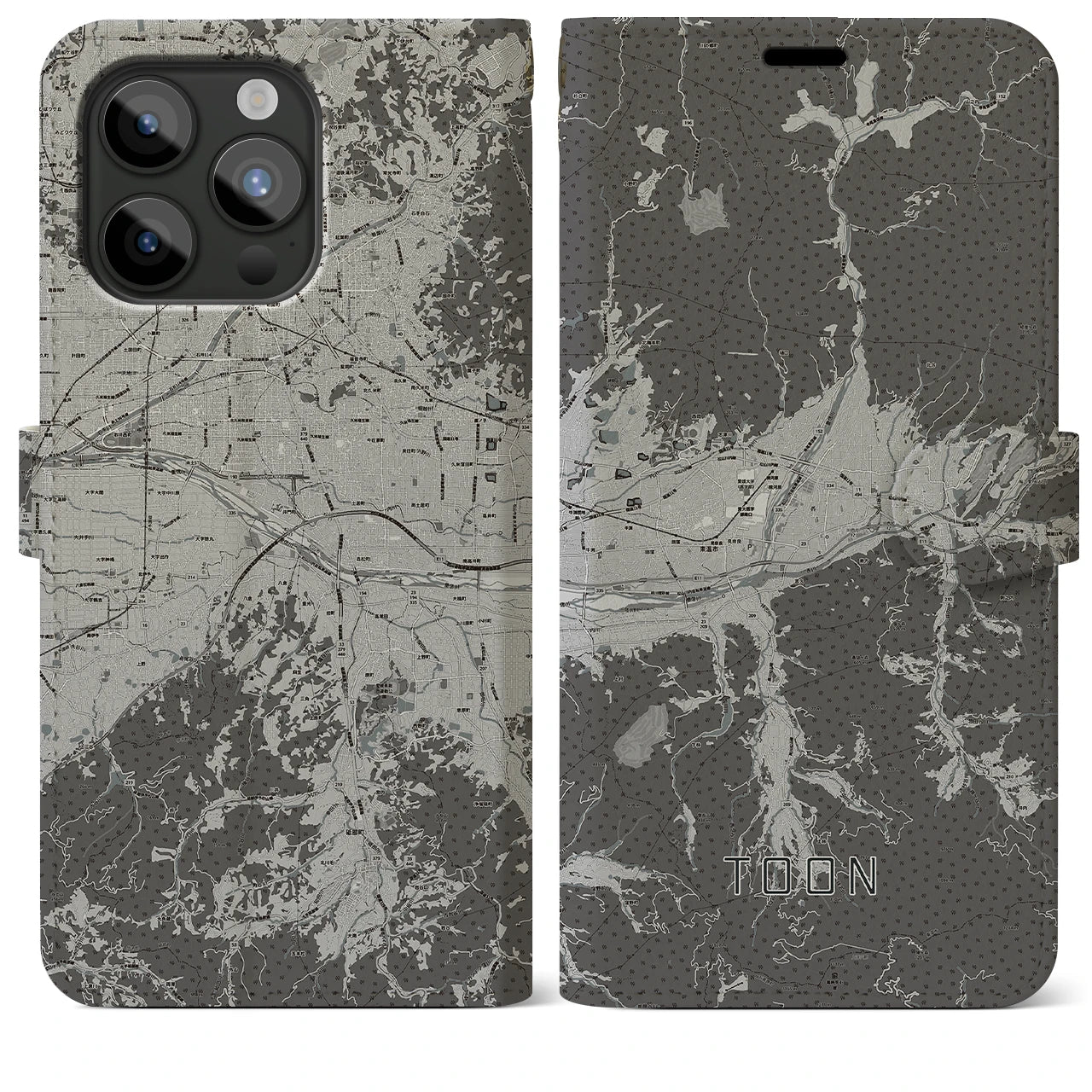 【東温(愛媛県)】地図柄iPhoneケース(手帳タイプ)モノトーン・iPhone 15 Pro Max 用