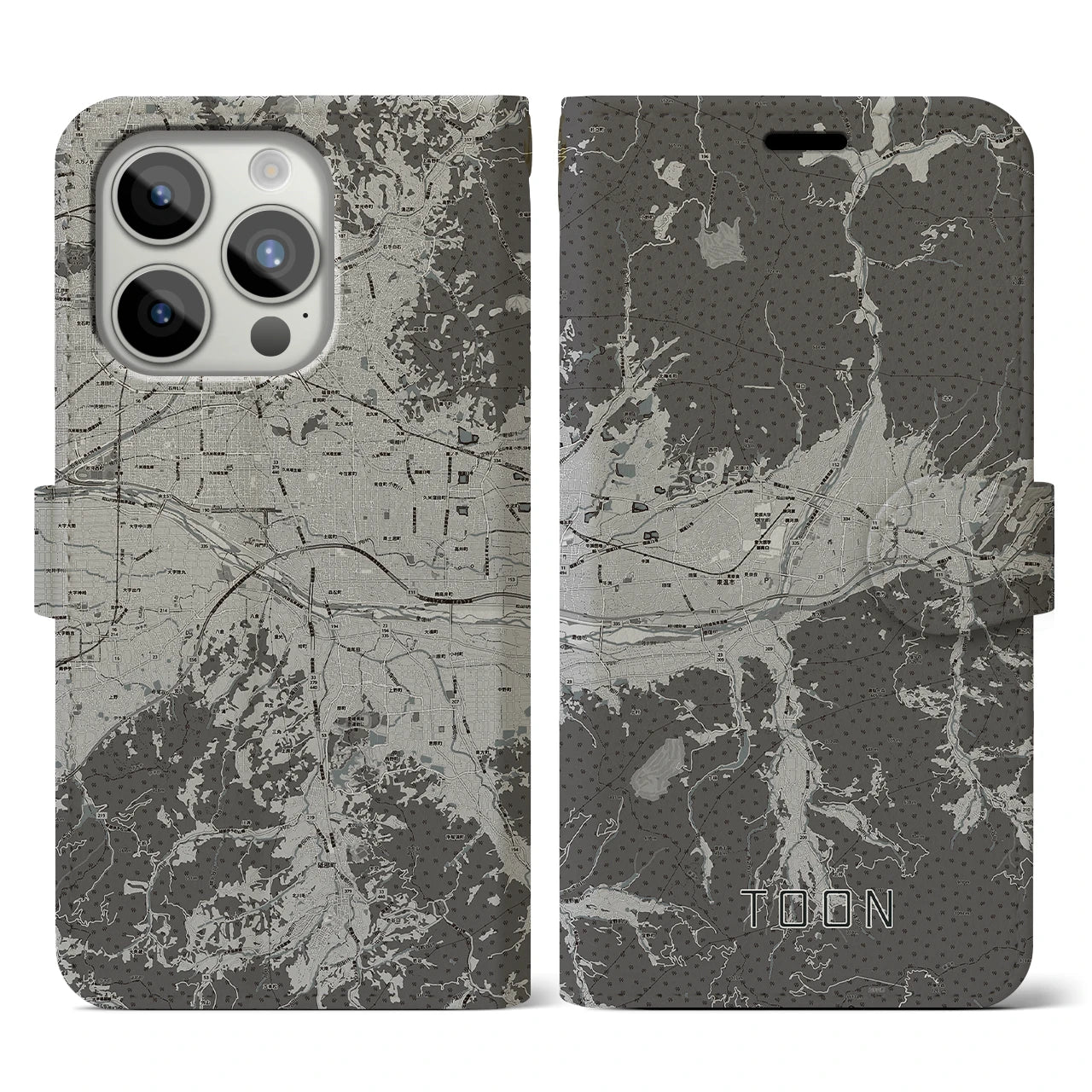 【東温(愛媛県)】地図柄iPhoneケース(手帳タイプ)モノトーン・iPhone 15 Pro 用