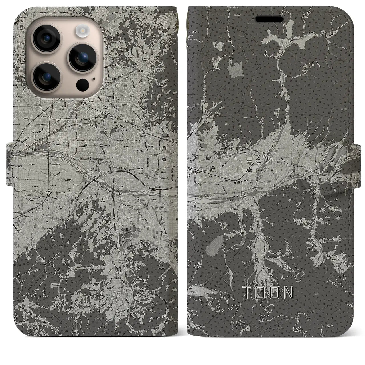 【東温(愛媛県)】地図柄iPhoneケース(手帳タイプ)モノトーン・iPhone 16 Plus 用