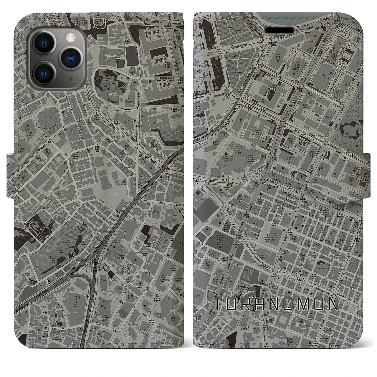 【虎ノ門(東京都)】地図柄iPhoneケース(手帳タイプ)モノトーン・iPhone 11 Pro Max 用