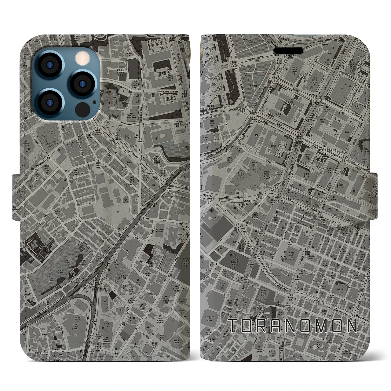 【虎ノ門(東京都)】地図柄iPhoneケース(手帳タイプ)モノトーン・iPhone 12 / 12 Pro 用