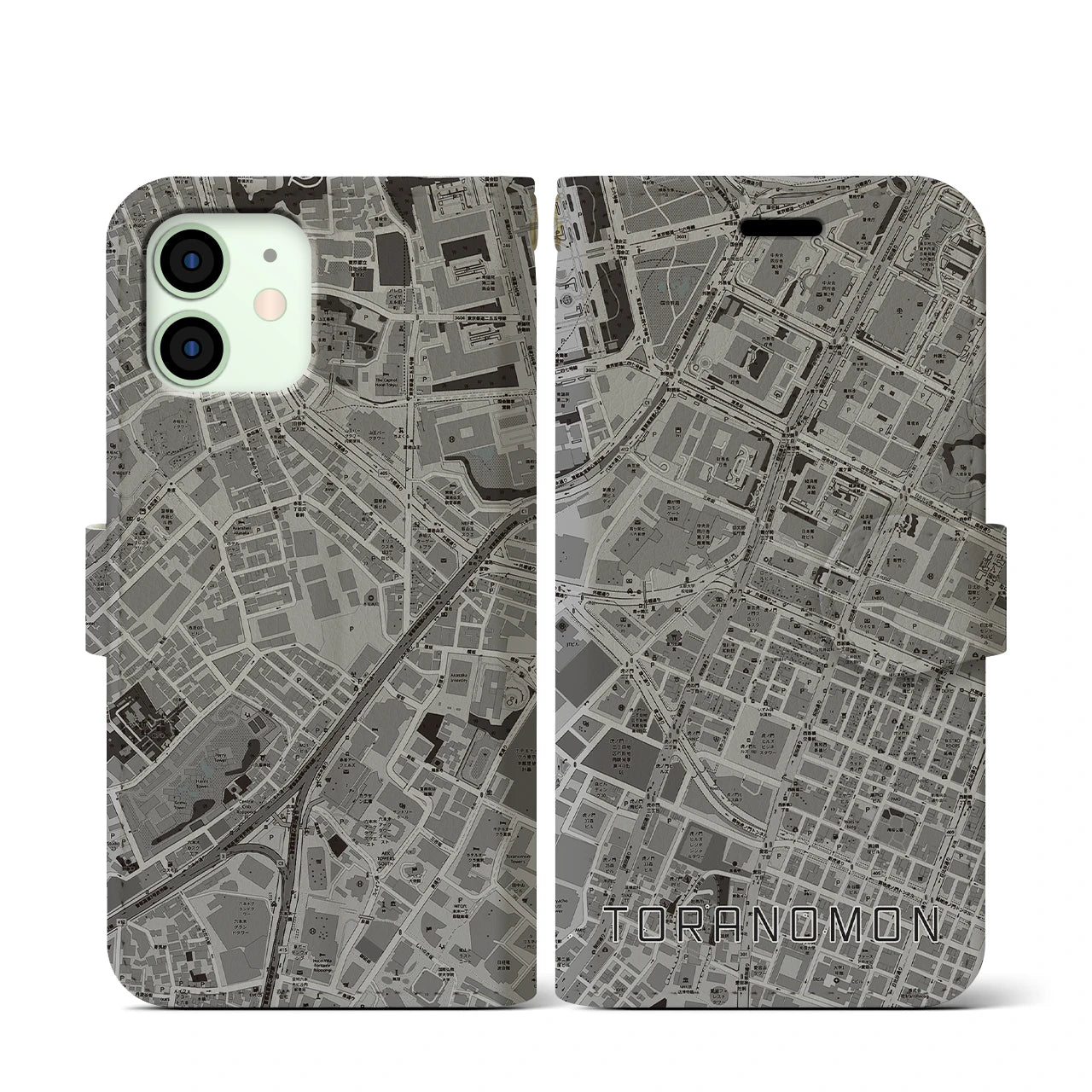 【虎ノ門(東京都)】地図柄iPhoneケース(手帳タイプ)モノトーン・iPhone 12 mini 用