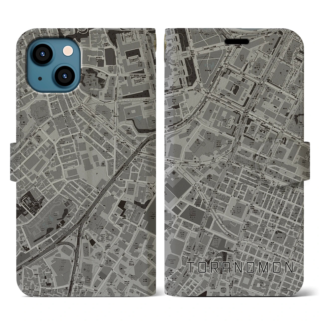 【虎ノ門(東京都)】地図柄iPhoneケース(手帳タイプ)モノトーン・iPhone 13 用