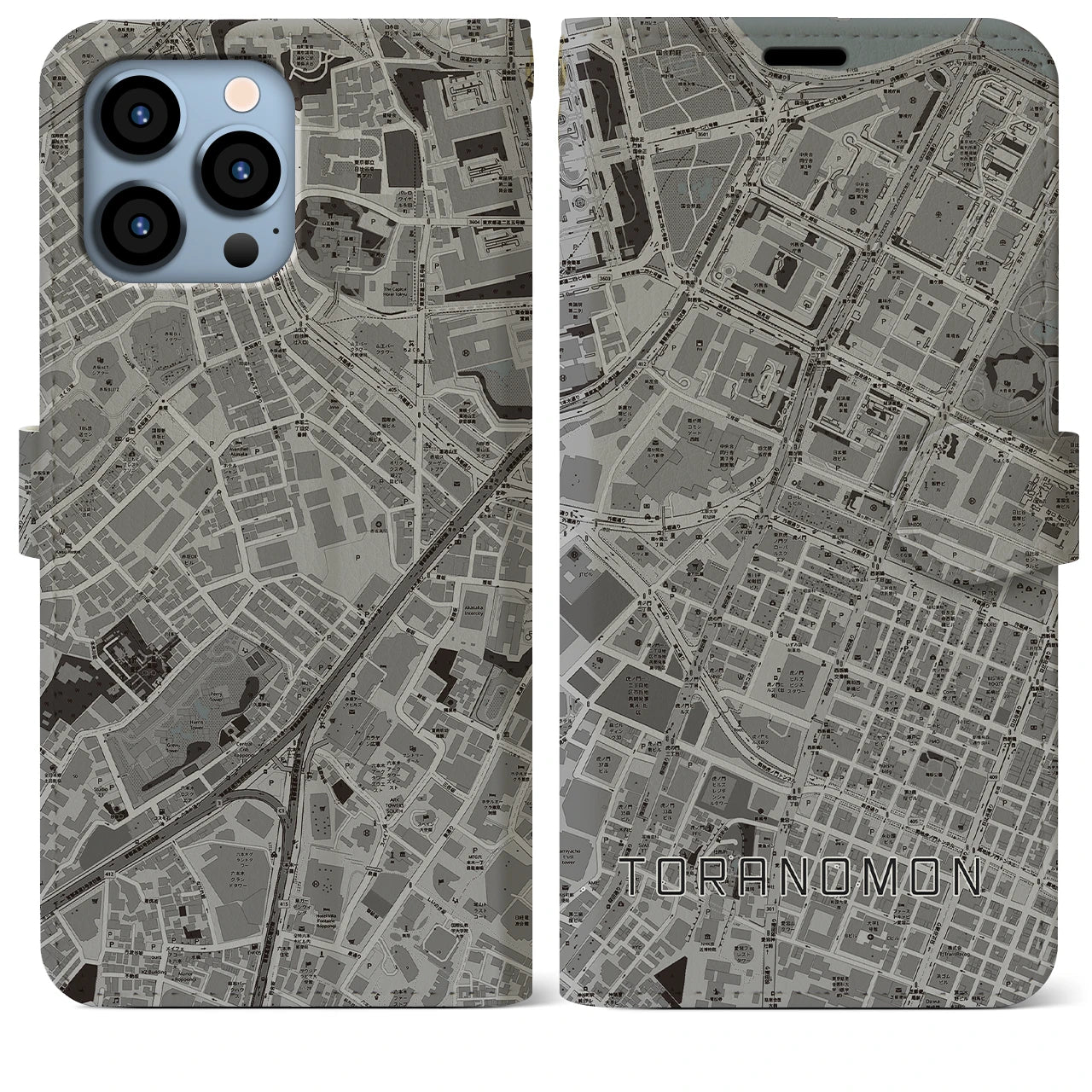 【虎ノ門(東京都)】地図柄iPhoneケース(手帳タイプ)モノトーン・iPhone 13 Pro Max 用