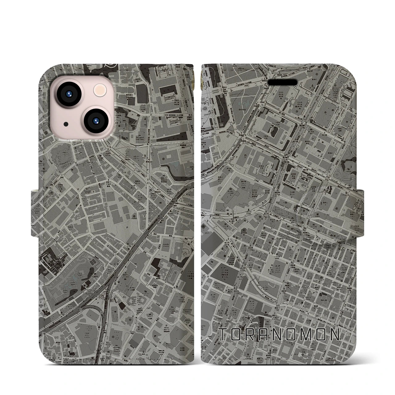 【虎ノ門(東京都)】地図柄iPhoneケース(手帳タイプ)モノトーン・iPhone 13 mini 用