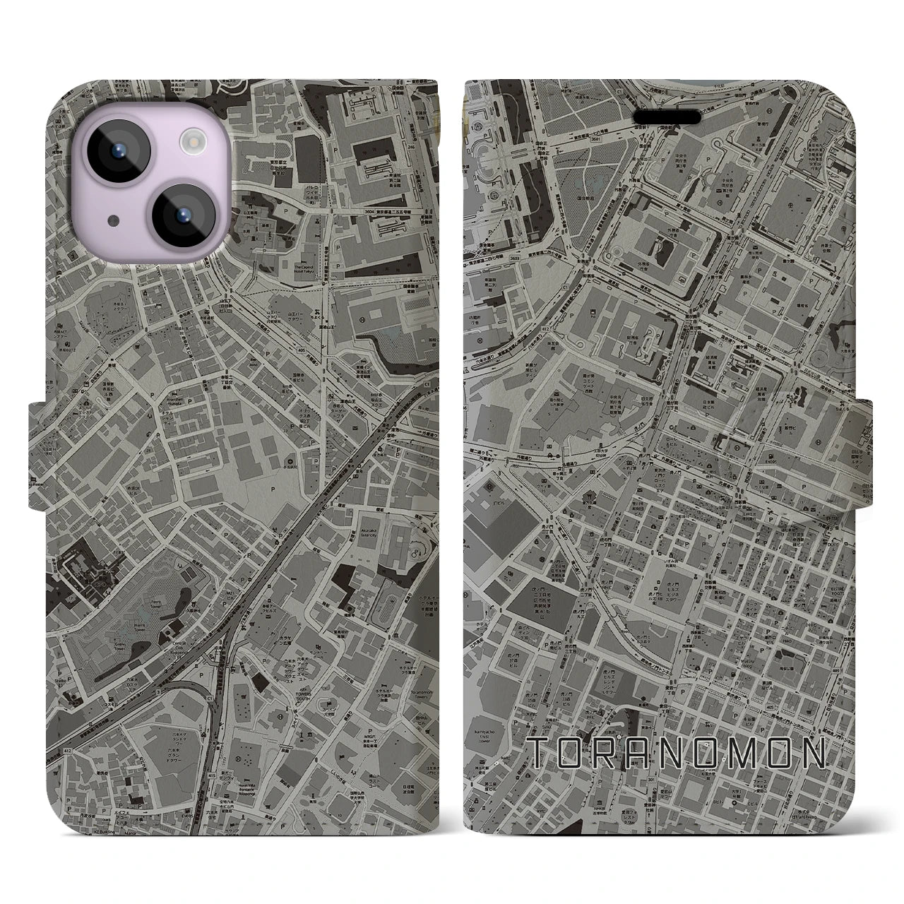 【虎ノ門(東京都)】地図柄iPhoneケース(手帳タイプ)モノトーン・iPhone 14 用