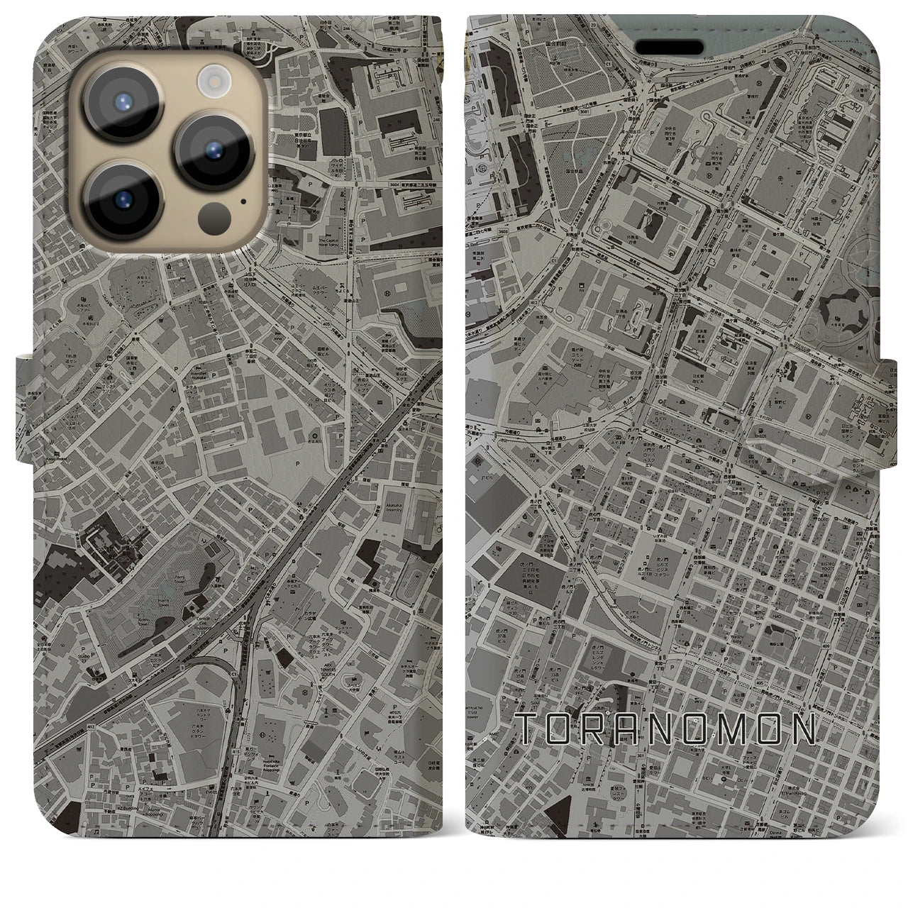 【虎ノ門(東京都)】地図柄iPhoneケース(手帳タイプ)モノトーン・iPhone 14 Pro Max 用