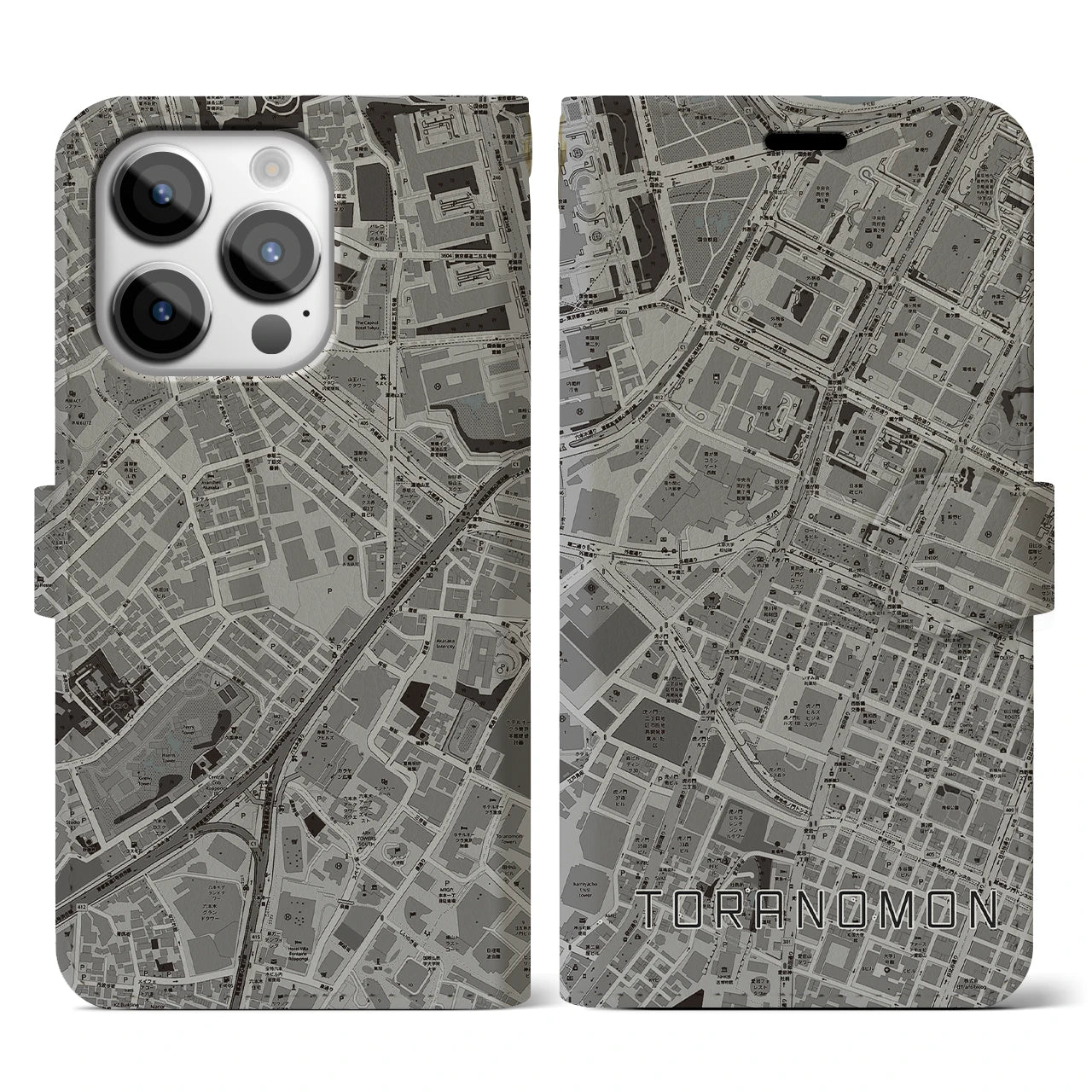 【虎ノ門(東京都)】地図柄iPhoneケース(手帳タイプ)モノトーン・iPhone 14 Pro 用