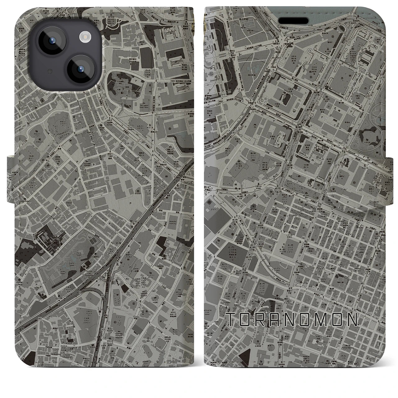 【虎ノ門(東京都)】地図柄iPhoneケース(手帳タイプ)モノトーン・iPhone 14 Plus 用