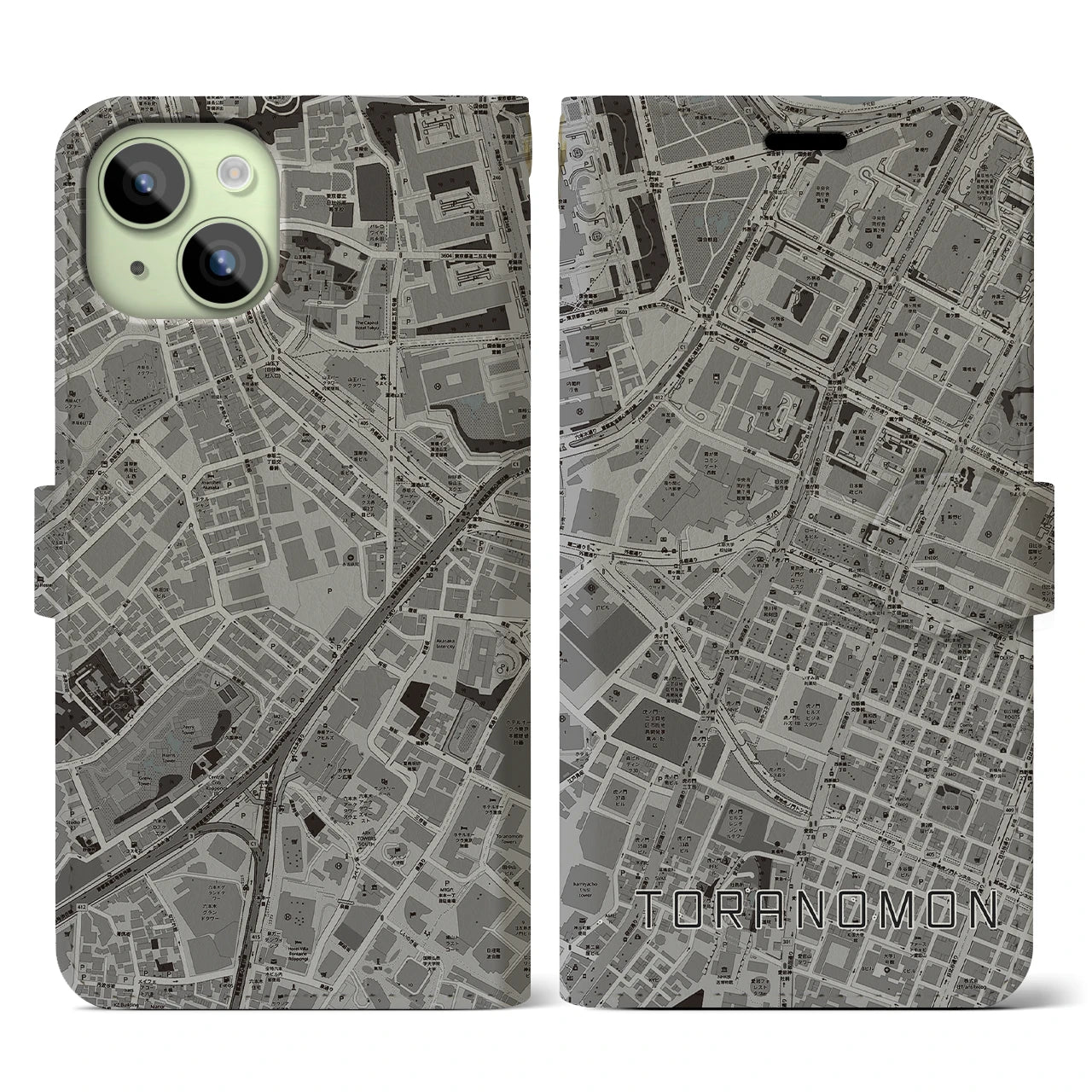【虎ノ門(東京都)】地図柄iPhoneケース(手帳タイプ)モノトーン・iPhone 15 用