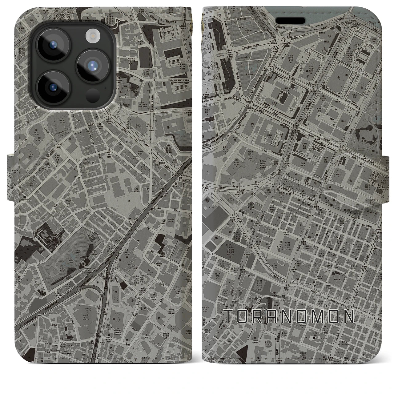【虎ノ門(東京都)】地図柄iPhoneケース(手帳タイプ)モノトーン・iPhone 15 Pro Max 用