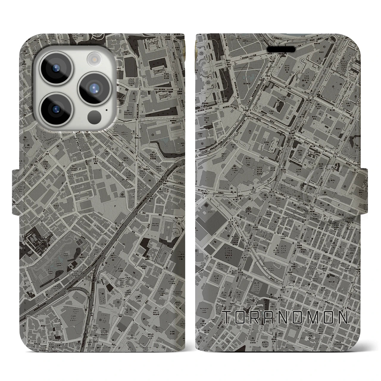 【虎ノ門(東京都)】地図柄iPhoneケース(手帳タイプ)モノトーン・iPhone 15 Pro 用