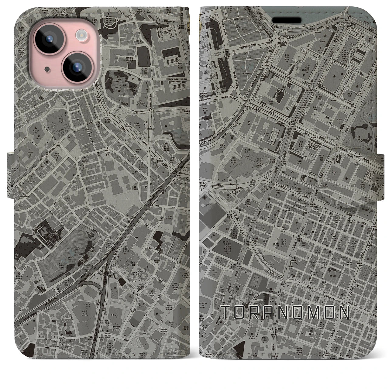 【虎ノ門(東京都)】地図柄iPhoneケース(手帳タイプ)モノトーン・iPhone 15 Plus 用