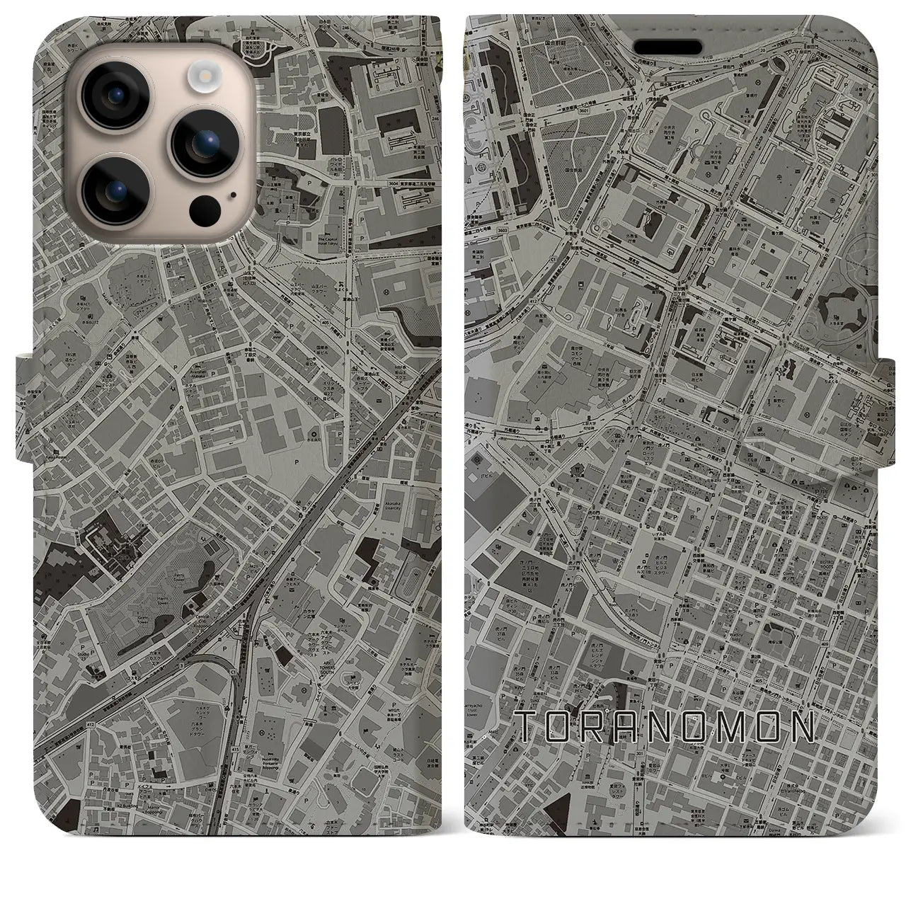【虎ノ門(東京都)】地図柄iPhoneケース(手帳タイプ)モノトーン・iPhone 16 Plus 用