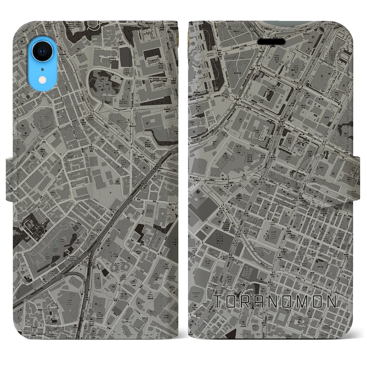 【虎ノ門(東京都)】地図柄iPhoneケース(手帳タイプ)モノトーン・iPhone XR 用