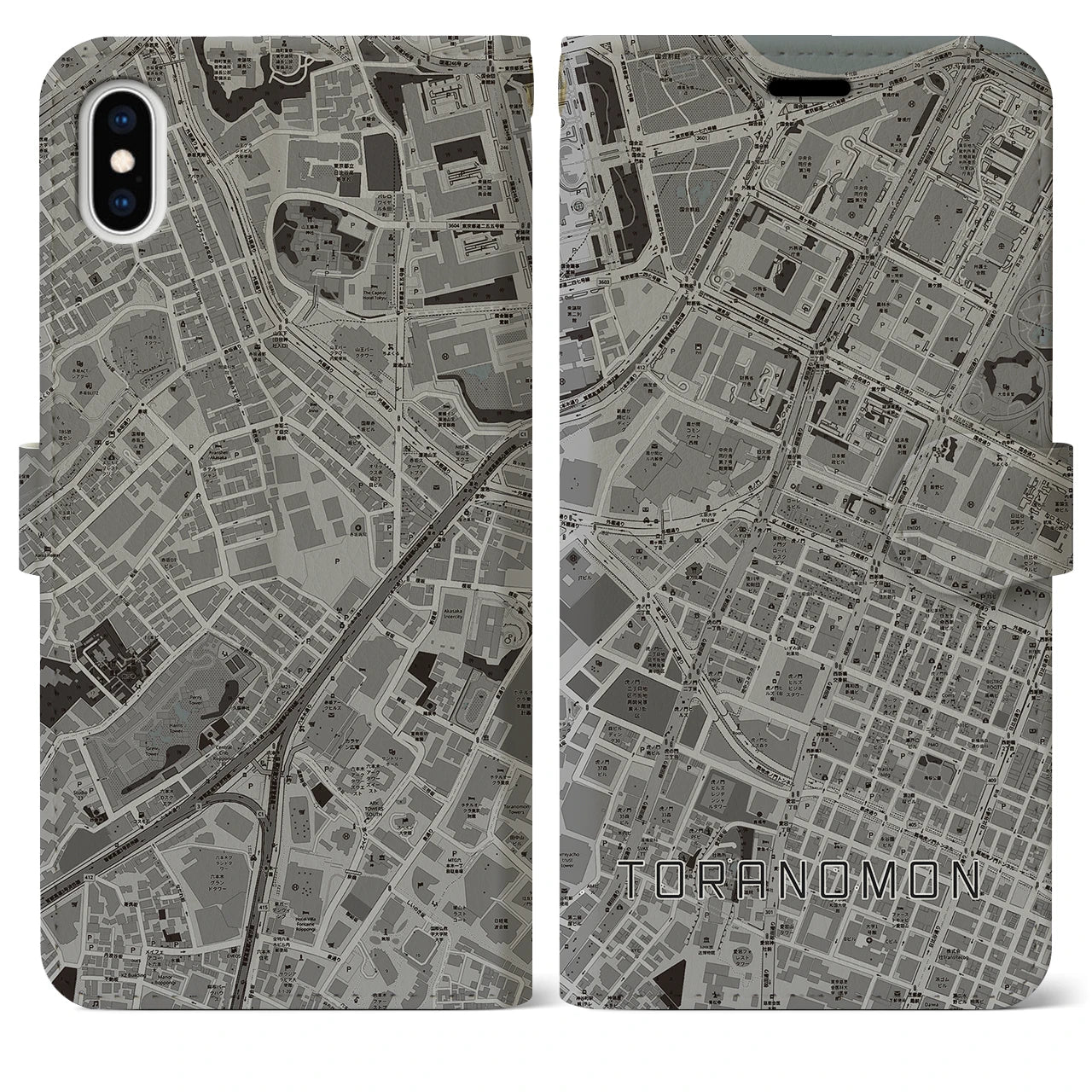 【虎ノ門(東京都)】地図柄iPhoneケース(手帳タイプ)モノトーン・iPhone XS Max 用