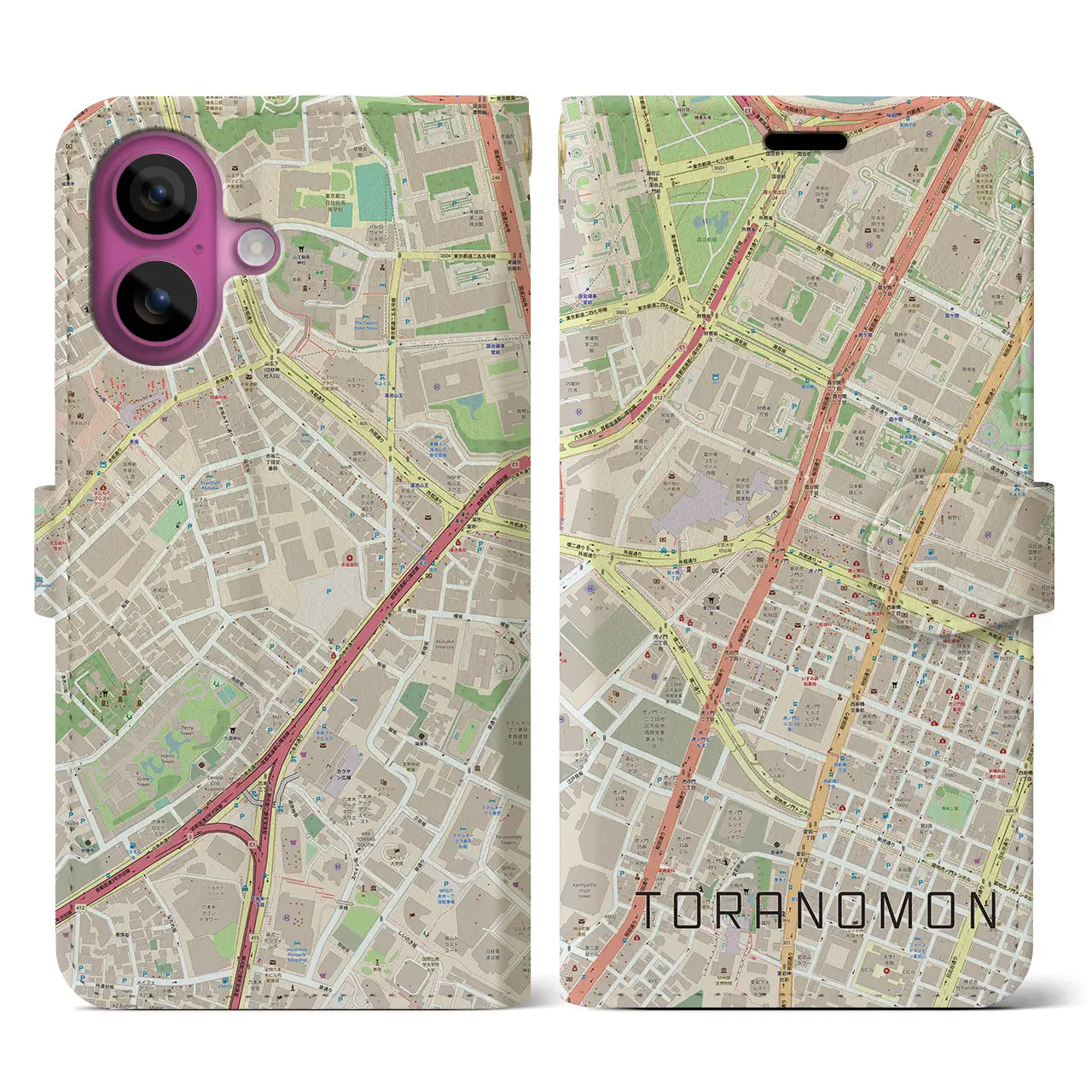 【虎ノ門(東京都)】地図柄iPhoneケース(手帳タイプ)ナチュラル・iPhone 16 Pro 用