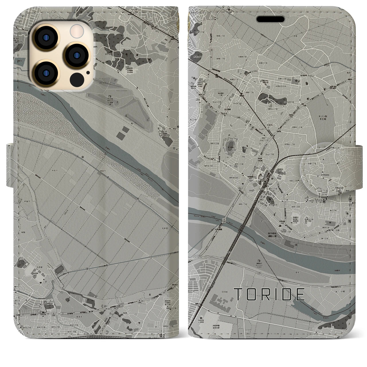 【取手(茨城県)】地図柄iPhoneケース(手帳タイプ)モノトーン・iPhone 12 Pro Max 用