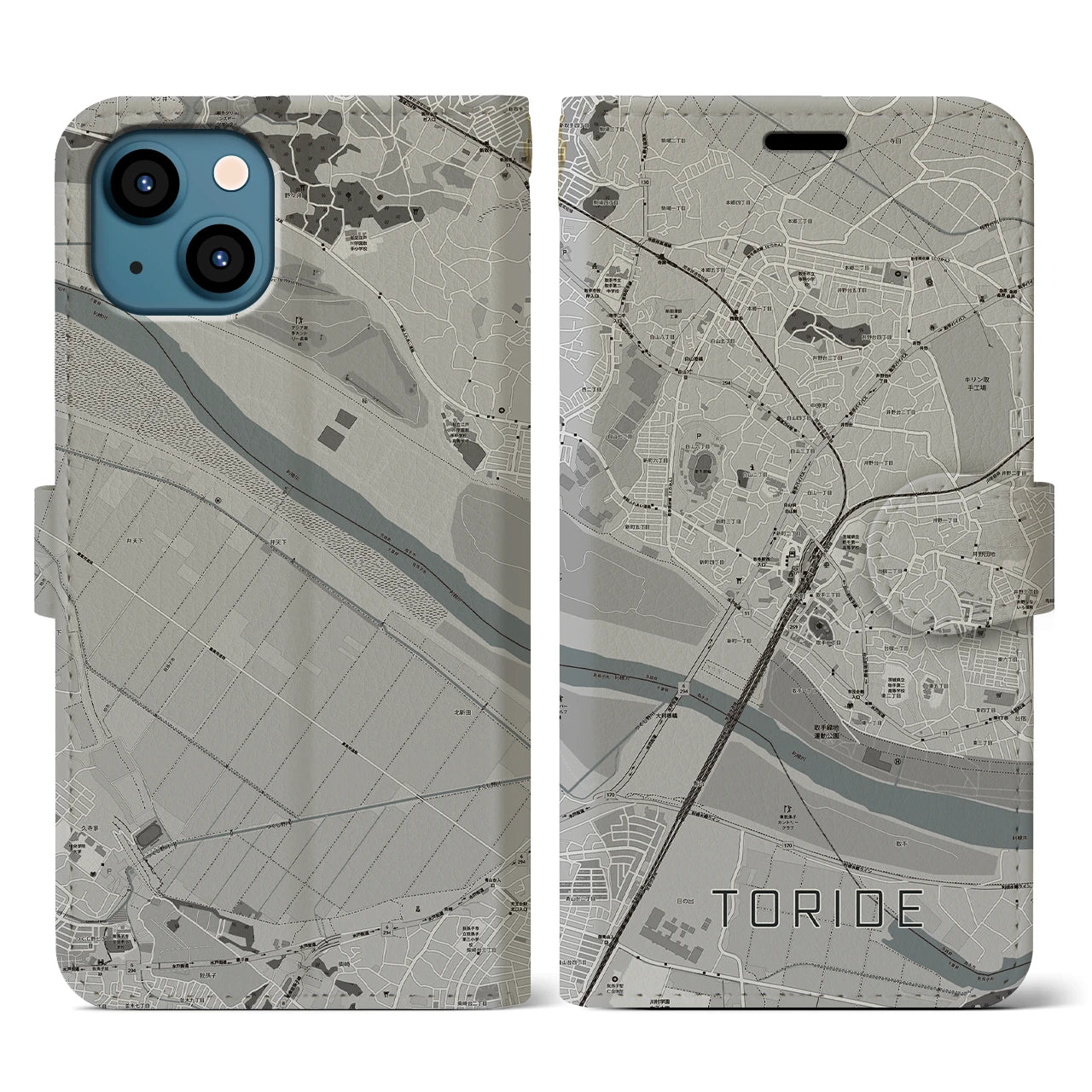 【取手(茨城県)】地図柄iPhoneケース(手帳タイプ)モノトーン・iPhone 13 用