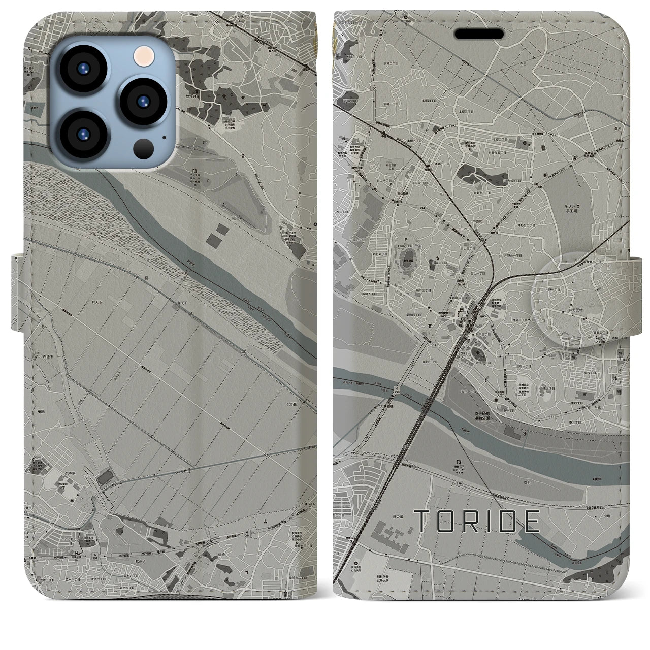 【取手(茨城県)】地図柄iPhoneケース(手帳タイプ)モノトーン・iPhone 13 Pro Max 用
