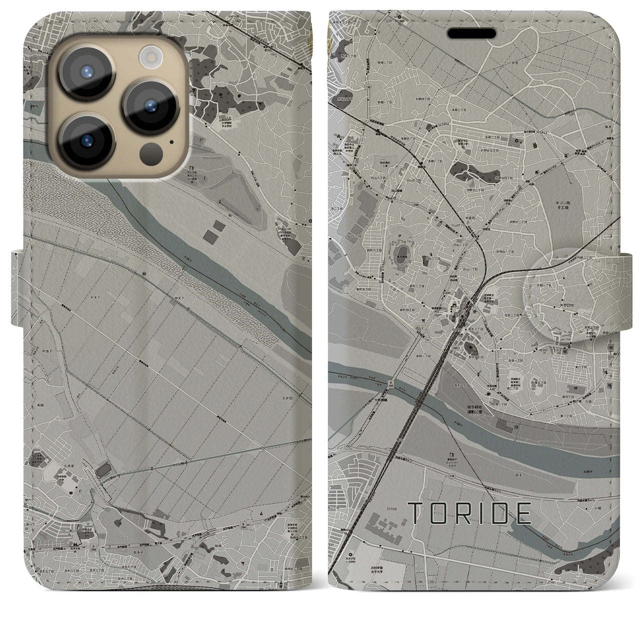 【取手(茨城県)】地図柄iPhoneケース(手帳タイプ)モノトーン・iPhone 14 Pro Max 用