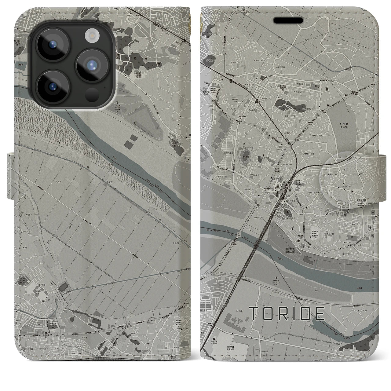 【取手(茨城県)】地図柄iPhoneケース(手帳タイプ)モノトーン・iPhone 15 Pro Max 用