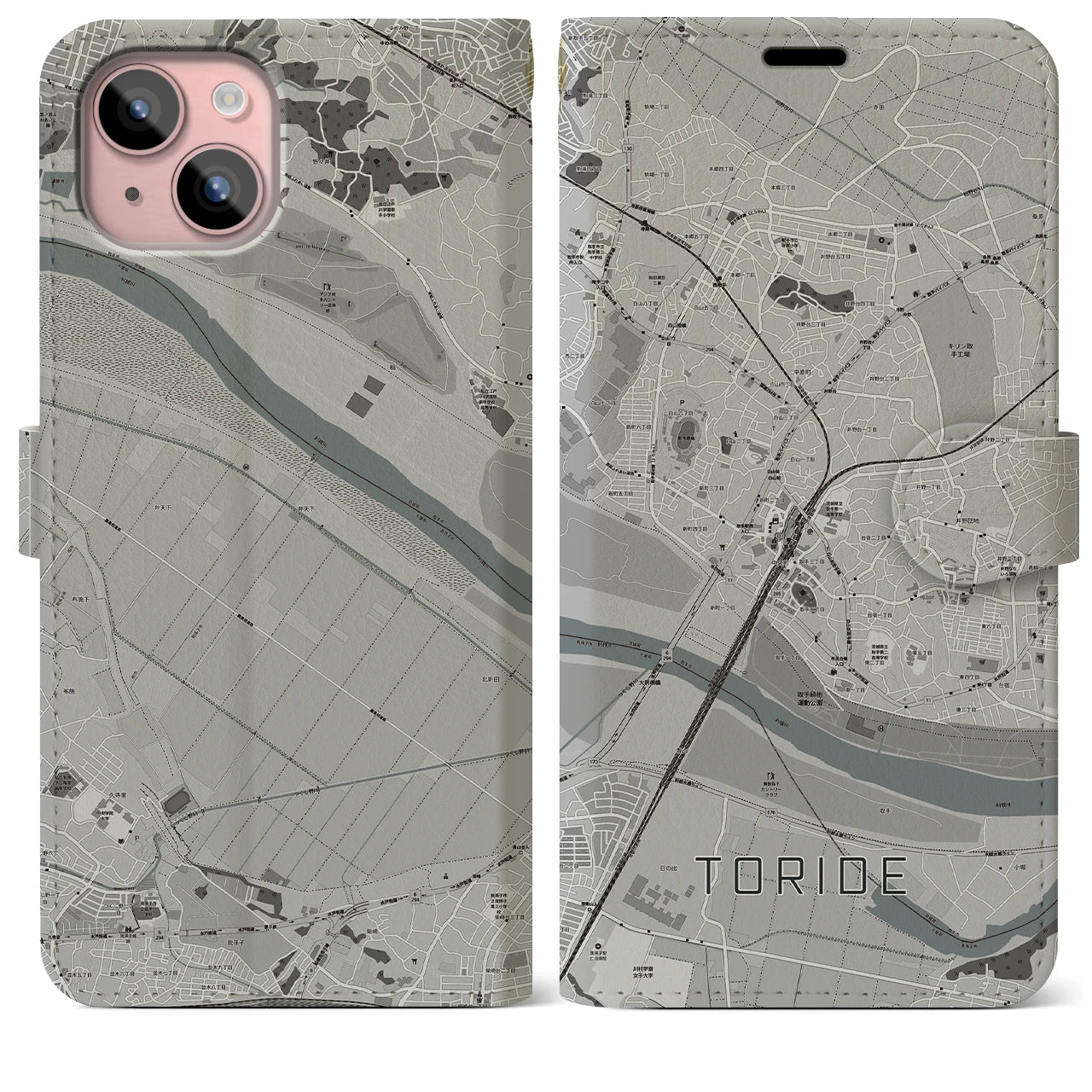 【取手(茨城県)】地図柄iPhoneケース(手帳タイプ)モノトーン・iPhone 15 Plus 用