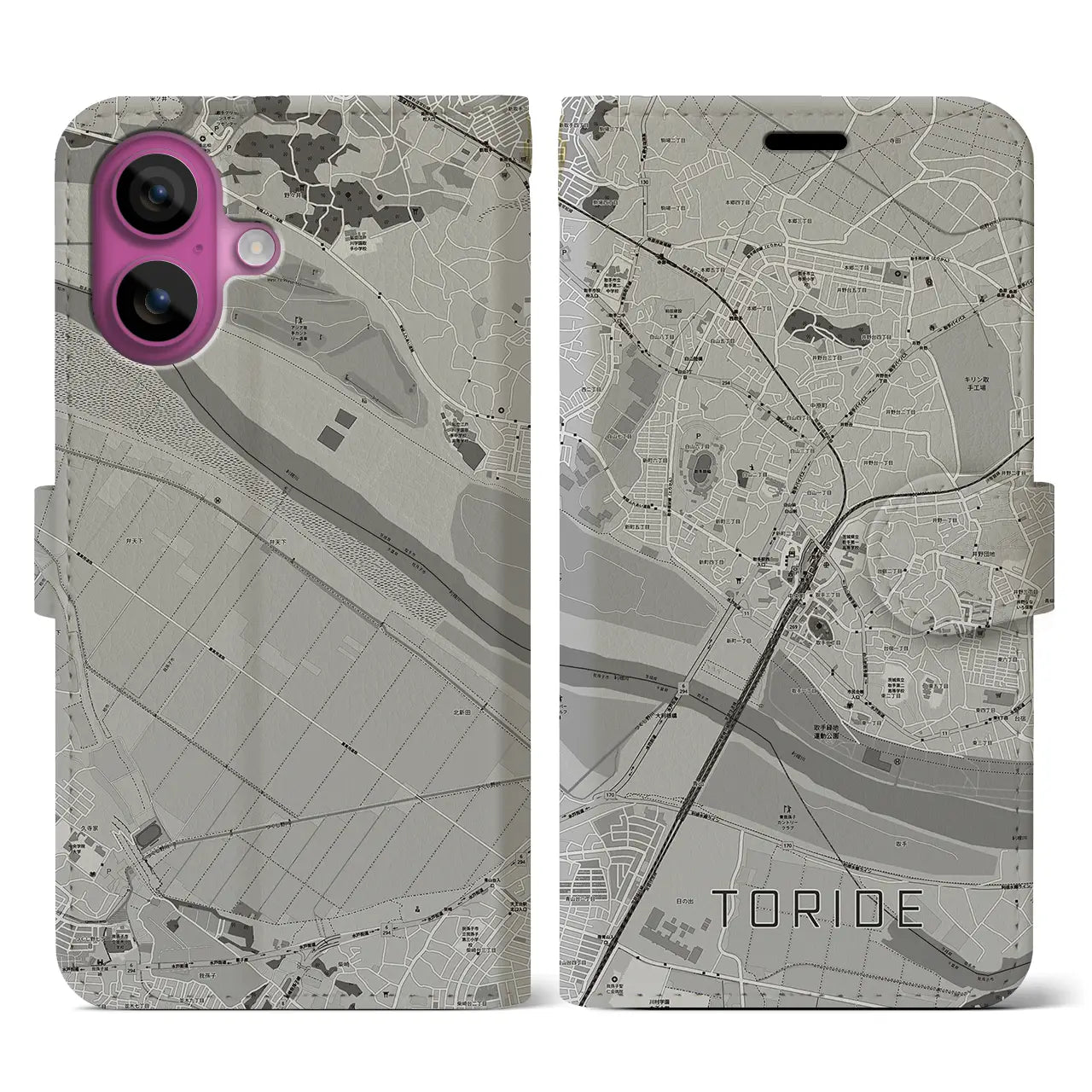 【取手(茨城県)】地図柄iPhoneケース(手帳タイプ)モノトーン・iPhone 16 Pro 用