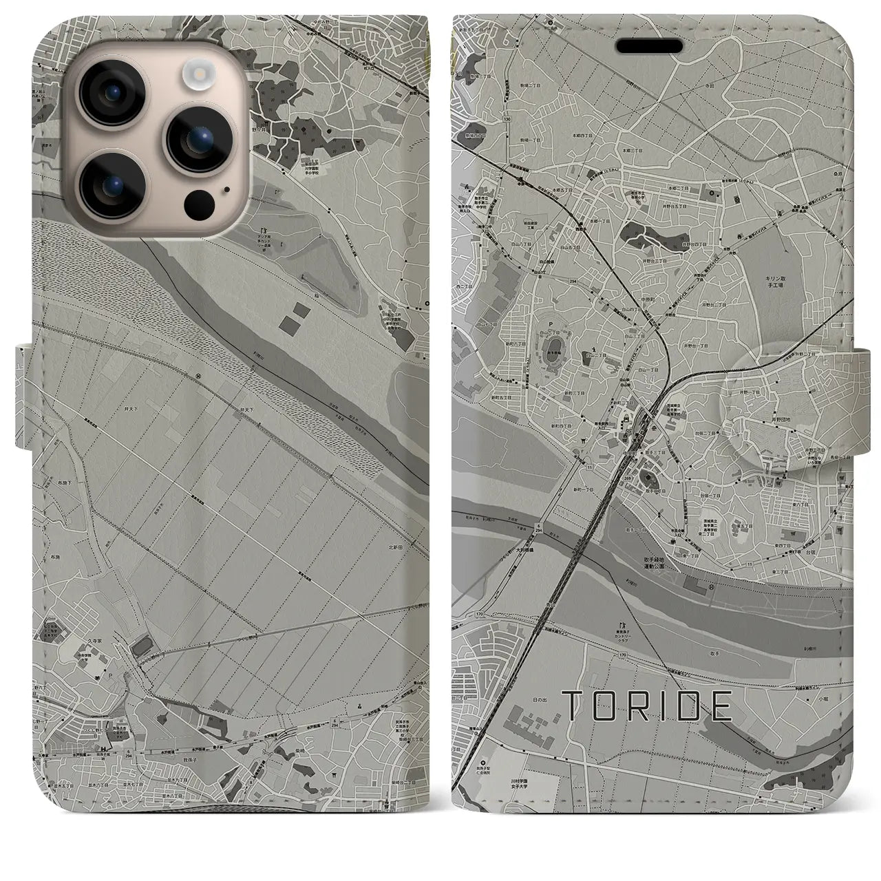 【取手(茨城県)】地図柄iPhoneケース(手帳タイプ)モノトーン・iPhone 16 Plus 用