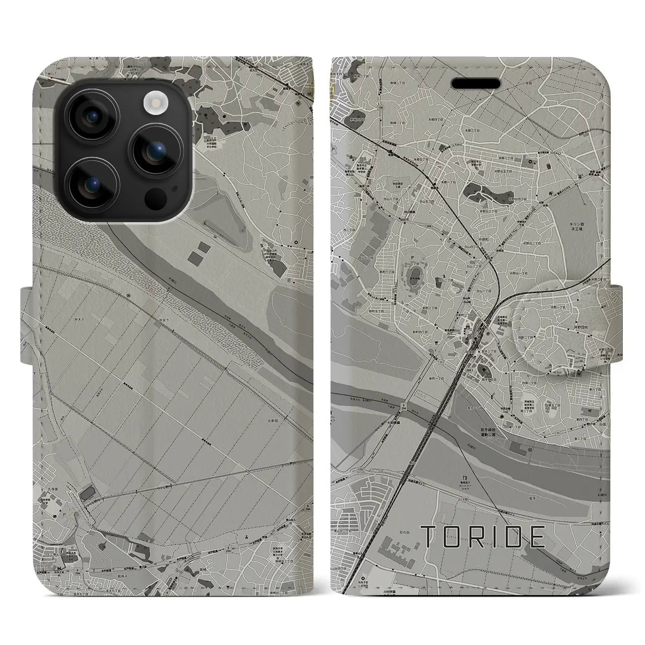 【取手(茨城県)】地図柄iPhoneケース(手帳タイプ)モノトーン・iPhone 16 用