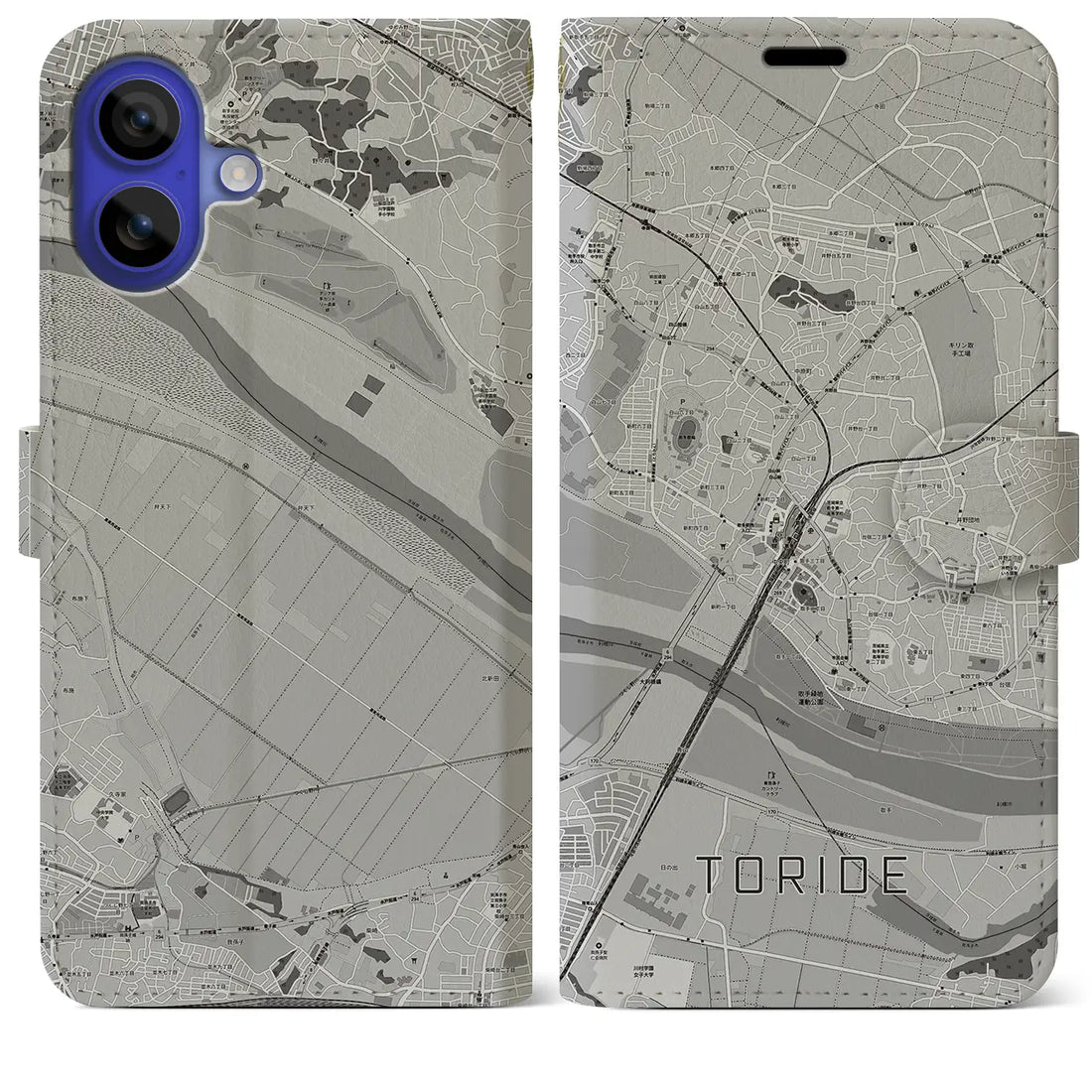 【取手(茨城県)】地図柄iPhoneケース(手帳タイプ)モノトーン・iPhone 16 Pro Max 用