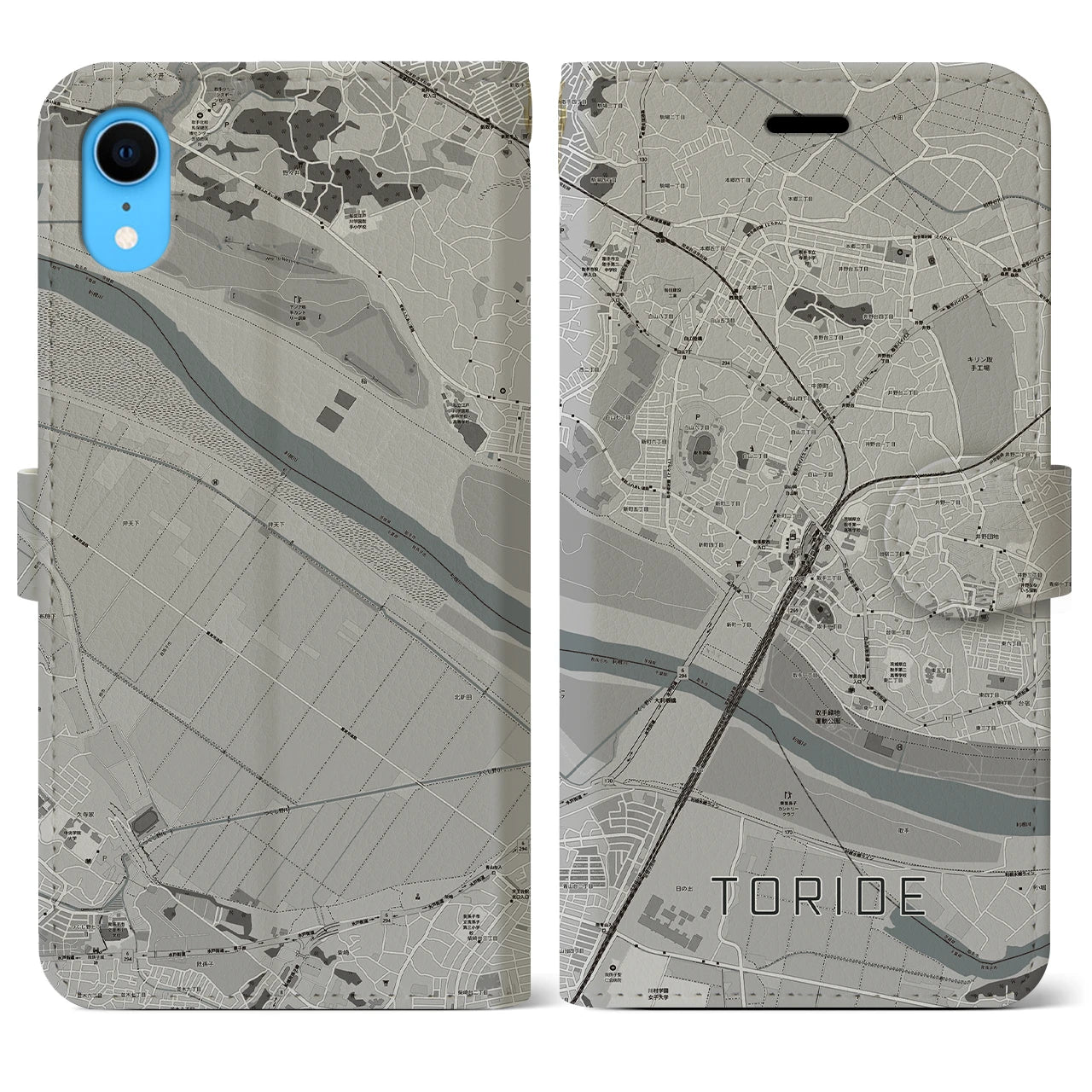 【取手(茨城県)】地図柄iPhoneケース(手帳タイプ)モノトーン・iPhone XR 用