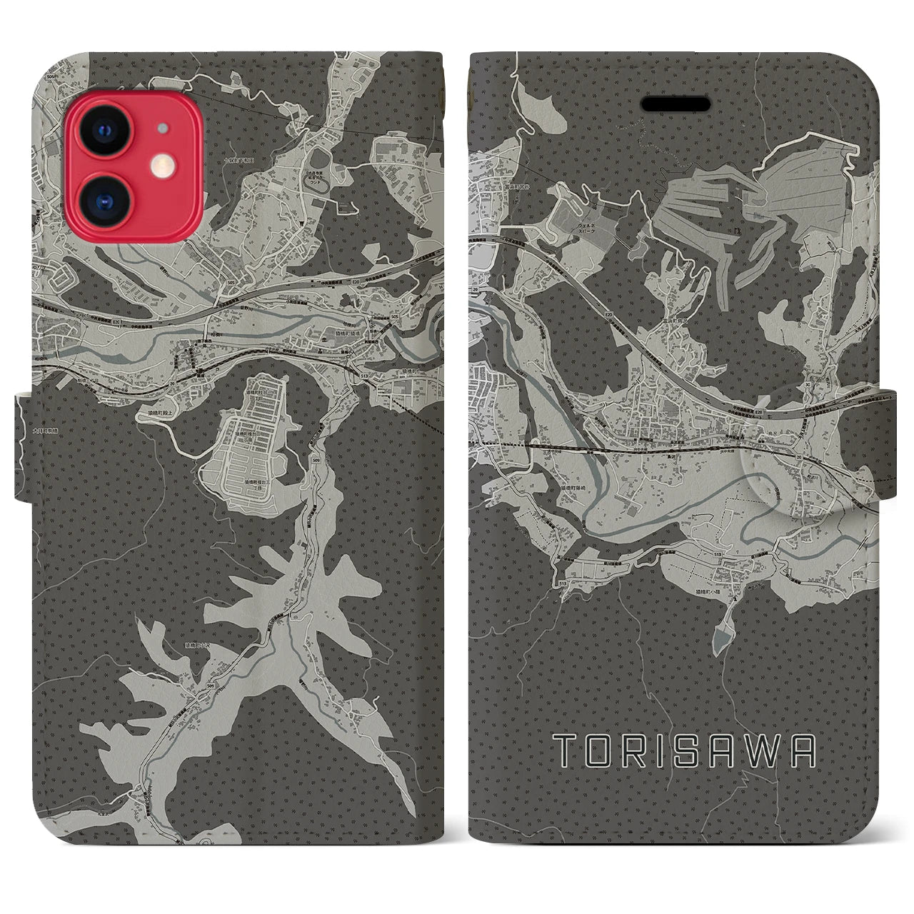 【鳥沢(山梨県)】地図柄iPhoneケース(手帳タイプ)モノトーン・iPhone 11 用