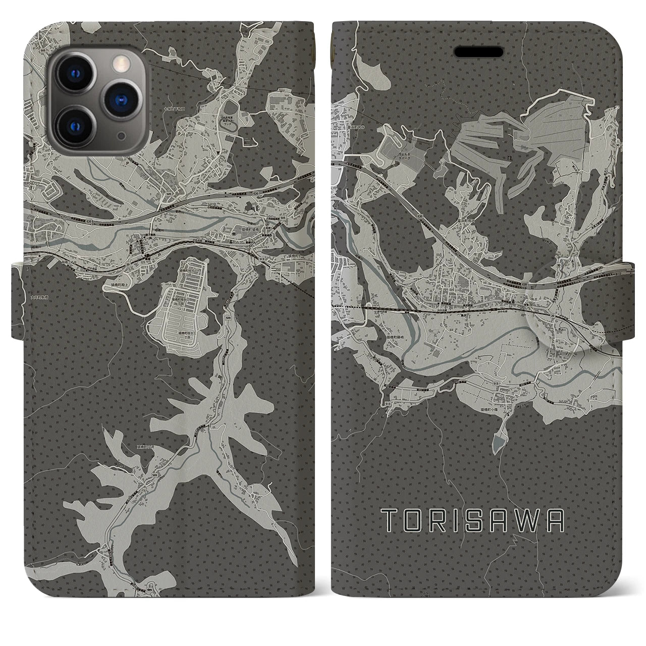 【鳥沢(山梨県)】地図柄iPhoneケース(手帳タイプ)モノトーン・iPhone 11 Pro Max 用
