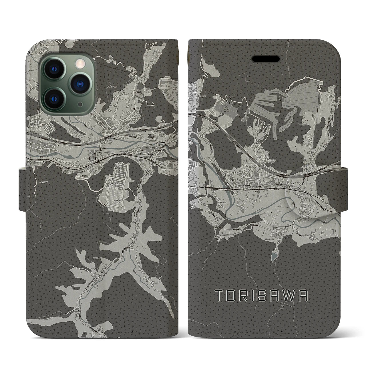 【鳥沢(山梨県)】地図柄iPhoneケース(手帳タイプ)モノトーン・iPhone 11 Pro 用