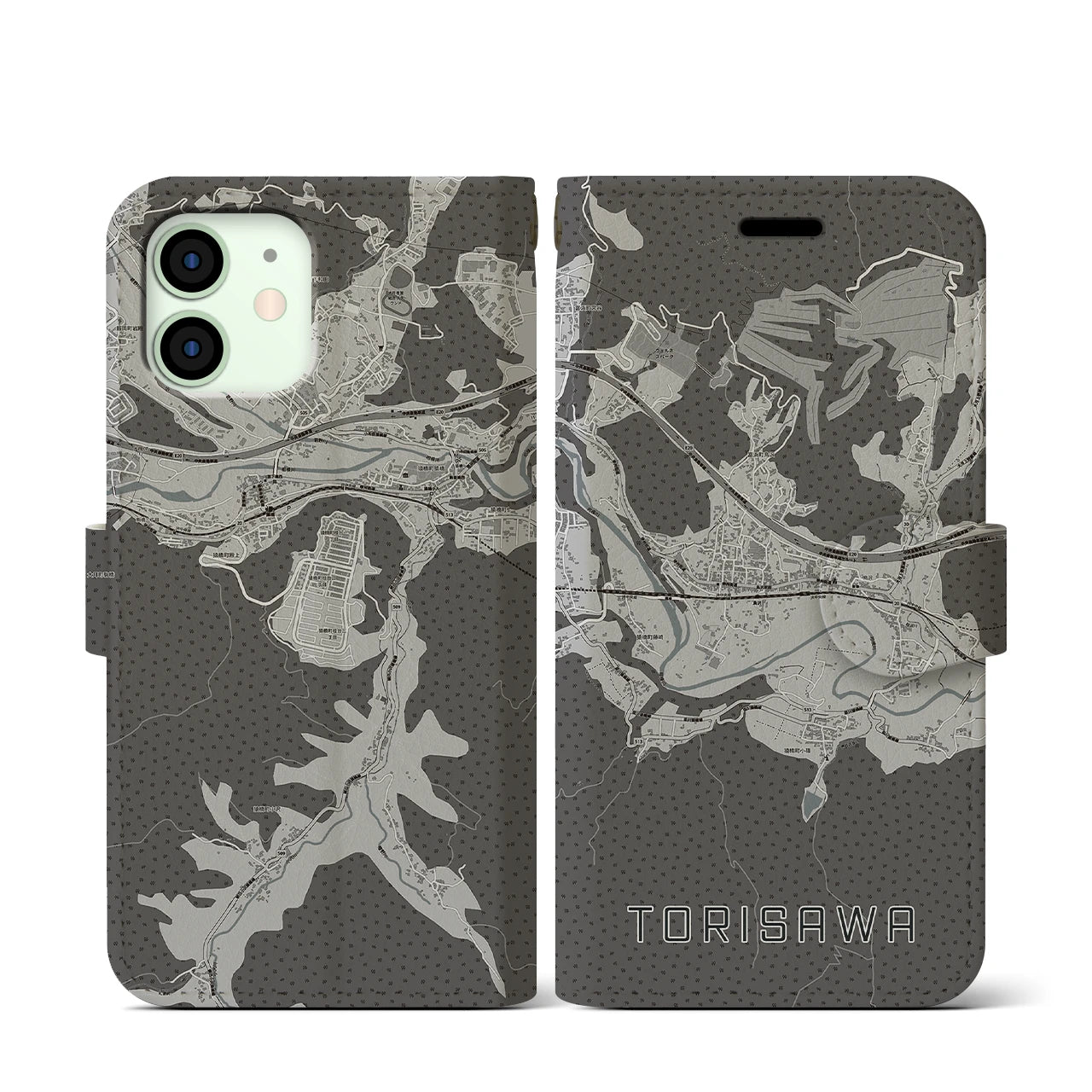 【鳥沢(山梨県)】地図柄iPhoneケース(手帳タイプ)モノトーン・iPhone 12 mini 用