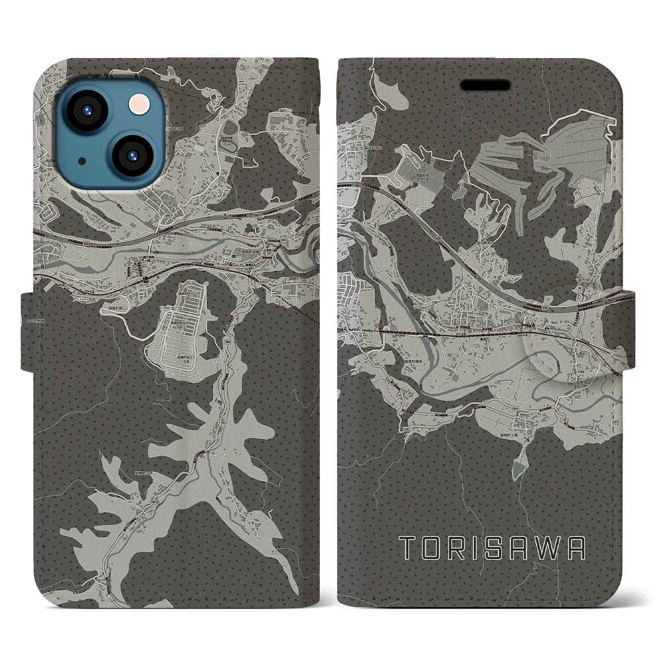 【鳥沢(山梨県)】地図柄iPhoneケース(手帳タイプ)モノトーン・iPhone 13 用