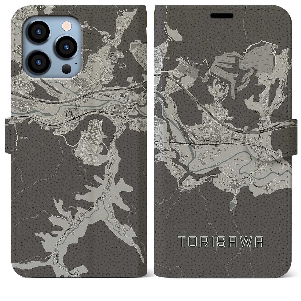 【鳥沢(山梨県)】地図柄iPhoneケース(手帳タイプ)モノトーン・iPhone 13 Pro Max 用