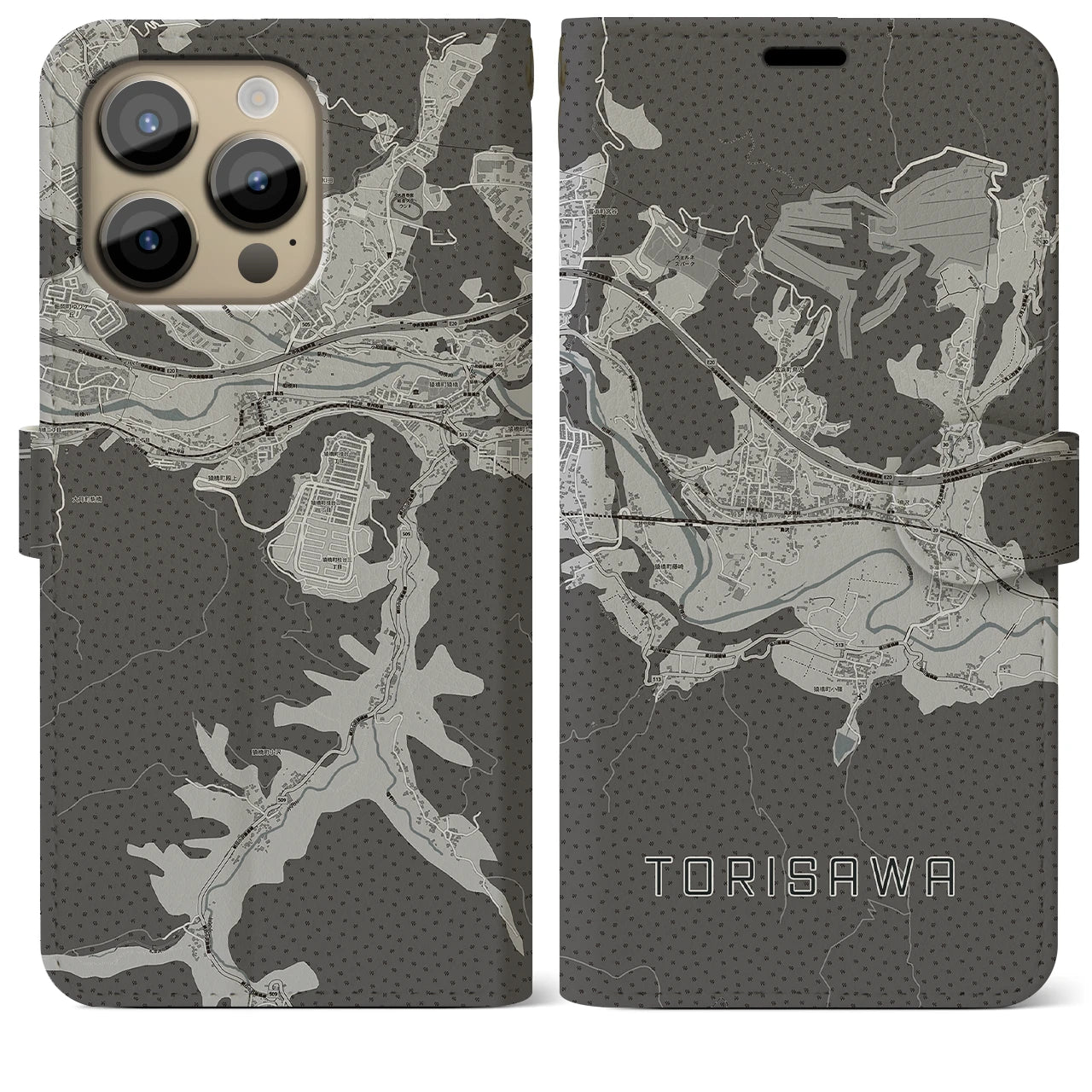 【鳥沢(山梨県)】地図柄iPhoneケース(手帳タイプ)モノトーン・iPhone 14 Pro Max 用