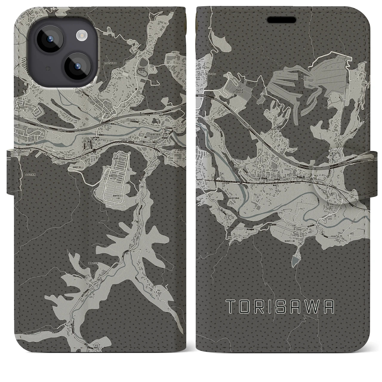 【鳥沢(山梨県)】地図柄iPhoneケース(手帳タイプ)モノトーン・iPhone 14 Plus 用