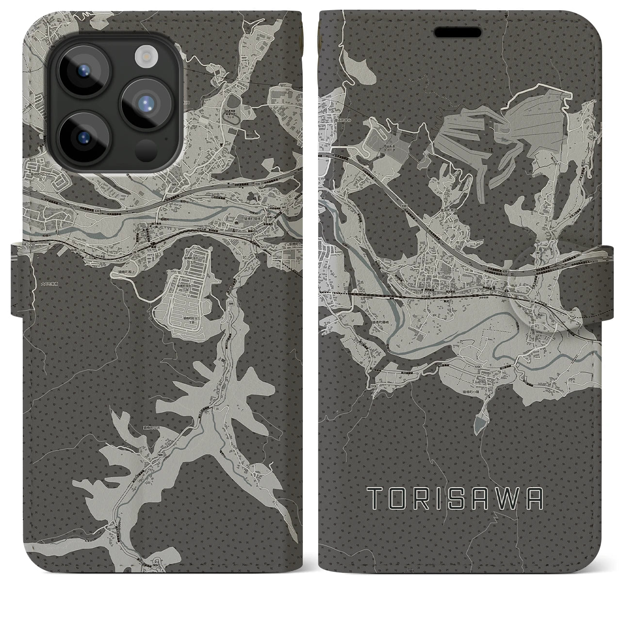 【鳥沢(山梨県)】地図柄iPhoneケース(手帳タイプ)モノトーン・iPhone 15 Pro Max 用