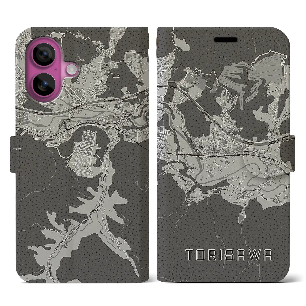 【鳥沢(山梨県)】地図柄iPhoneケース(手帳タイプ)モノトーン・iPhone 16 Pro 用